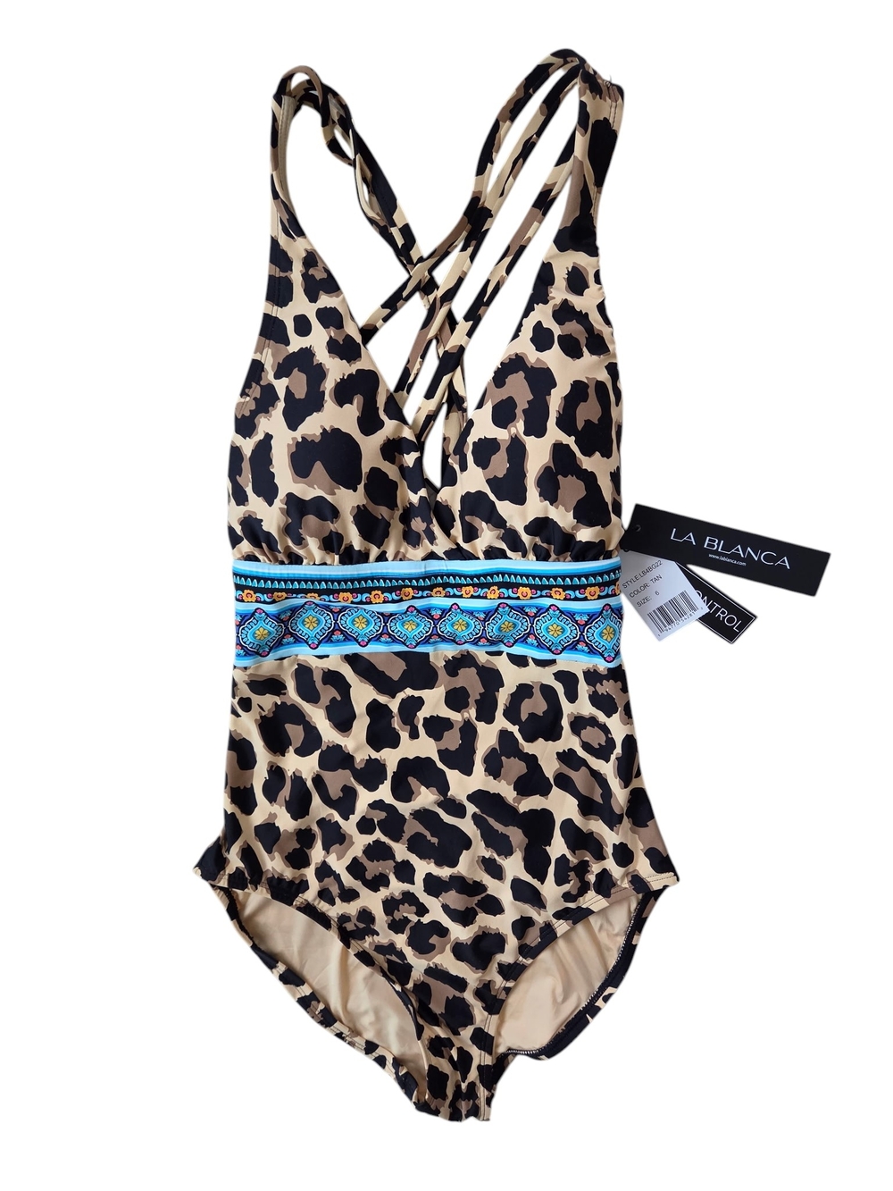 La Blanca Women' S Leopard Print 1-Piece Swimsuit w Blue Embellished Waist SZ 6